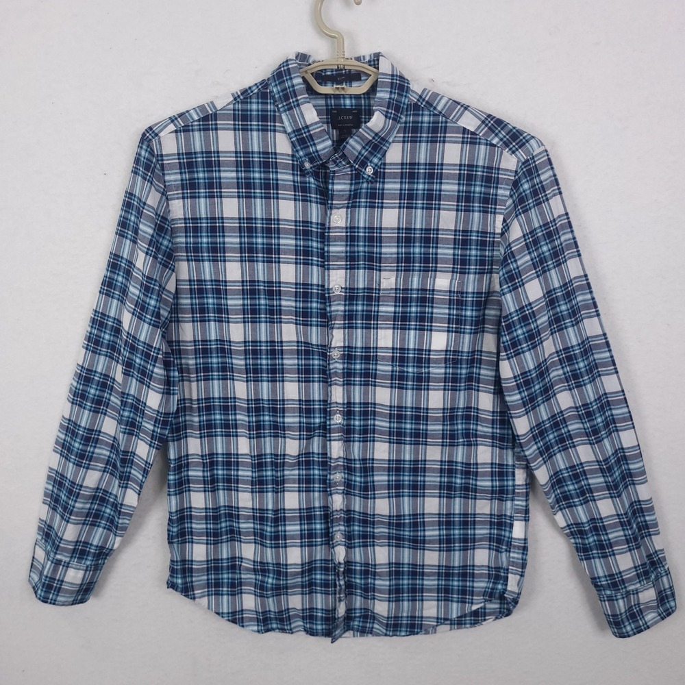 J.Crew Plaid Button Down Mens Large Blue Slim Fit Cotton Long Sleeve
